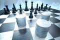 Protect investment against black chess pieces on a blue infographic background