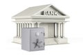 Protect Money Concept. Metal Safe and Bank Building