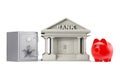 Protect Money Concept. Piggy Bank, Safe and Bank Building