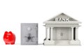 Protect Money Concept. Piggy Bank, Safe and Bank Building Royalty Free Stock Photo