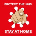 Protect The NHS - Stay At Home pointing hand with COVID logo vector Illustration on a red background