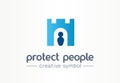 Protect people creative symbol concept. Human shield, body guard abstract business fortress logo. Royal tower , castle