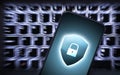 Protect phone data from spyware, hacker or fraud with mobile cyber security app. Electronic safety from idendity theft attack. Royalty Free Stock Photo