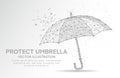 Protect umbrella digitally drawn low poly wire frame on white background