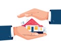 Protect your home vector illustration. Businessman's hands are covering property. Real estate, housing, mortgage Royalty Free Stock Photo