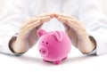 Protect your money. Small piggy bank covered by hands Royalty Free Stock Photo