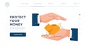 Protect your money web template. Businessman is holding hands over the piggy bank to protect. Money protection Royalty Free Stock Photo