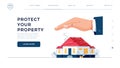 Protect your property homepage template. Male hand is covering house. Home safety security, real estate protection Royalty Free Stock Photo