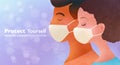 Protect yourself concept illustration. Man and woman wearing face masks protecting themselves from pollution and virus.