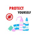 Protect yourself from covid-19 concept. Prevent corona virus from wash your hands with soap or alcohol, wear face mask on white