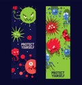 Protect yourself set of banners vector illustration. Microbes or collection of cartoon viruses. Bad microorganisms for