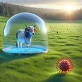 Protected Cattle in Blue Light Dome: Symbolizing Disease Immunity, Vaccination, and Resilience