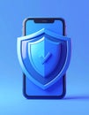 Protected device with shield icon. Smartphone authorization Digital security on blue Royalty Free Stock Photo