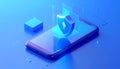 Protected device with shield icon. Smartphone authorization Digital security on blue Royalty Free Stock Photo