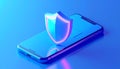 Protected device with shield icon. Smartphone authorization Digital security on blue Royalty Free Stock Photo