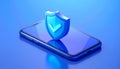 Protected device with shield icon. Smartphone authorization Digital security on blue Royalty Free Stock Photo