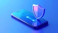 Protected device with shield icon. Smartphone authorization Digital security on blue Royalty Free Stock Photo