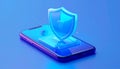 Protected device with shield icon. Smartphone authorization Digital security on blue Royalty Free Stock Photo