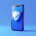 Protected device with shield icon. Smartphone authorization Digital security on blue Royalty Free Stock Photo