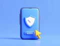 Protected device with shield icon. Smartphone authorization Digital security on blue Royalty Free Stock Photo