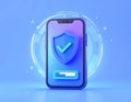Protected device with shield icon. Smartphone authorization Digital security on blue Royalty Free Stock Photo