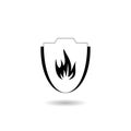 Protected guard flame shield icon logo with shadow