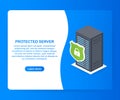 Protected server. Isometric database protection concept. Server room rack, database security, shield server unit.