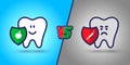 Protected tooth, a healthy, white, happy tooth against versus evil, sick tooth. Harm versus use in the mouth. dentistry, oral hygi Royalty Free Stock Photo