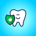 Protected tooth, healthy, white, happy tooth, dentistry, oral hygiene. Shield with an apple symbol. vector