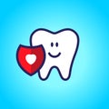 Protected tooth, healthy, white, happy tooth, dentistry, oral hygiene. Shield with a love symbol, heart. vector