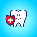 Protected tooth, healthy, white, happy tooth, dentistry, oral hygiene. Shield with a plus sign. vector