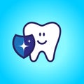 Protected tooth, healthy, white, happy tooth, dentistry, oral hygiene. Shield with a shiny symbol. vector