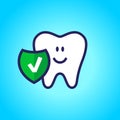 Protected tooth, healthy, white, happy tooth, dentistry, oral hygiene. Shield with a tick symbol. vector