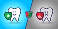 Protected tooth, a healthy, white, happy tooth versus an evil, sick tooth. Harm vs use in the mouth. dentistry, oral hygiene. Shie