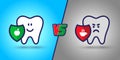 Protected tooth, a healthy, white, happy tooth versus an evil, sick tooth. Harm vs use in the mouth. dentistry, oral hygiene. Shie