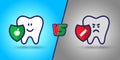 Protected tooth, a healthy, white, happy tooth versus an evil, sick tooth. Harm vs use in the mouth. dentistry, oral hygiene. Shie