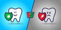 Protected tooth, a healthy, white, happy tooth versus an evil, sick tooth. Harm vs use in the mouth. dentistry, oral hygiene