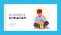 Protecting Child Landing Page Template. Kid In Dangerous Situation, Child Play With Toxic Liquid Open Bottle With Poison