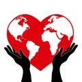 Protecting or control hands holding globe planet Earth globe in shape of a red heart. World health day or ecology Royalty Free Stock Photo