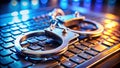Protecting Digital Assets Handcuffs on a Keyboard Illustrate the Growing Threat of Cybercrime and the Importance of