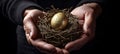 Hands holding a nest with gold egg. Royalty Free Stock Photo