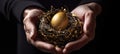 Hands holding a nest with gold egg. Royalty Free Stock Photo