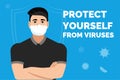 Protecting health from viruses and diseases. a man in a medical mask, strong immunity. atukuyuschie and infectious viruses and