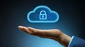 Protecting Information, Cyber Security. Open Palm Holds A Virtual Cloud Computing With Padlock Royalty Free Stock Photo