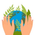 Protecting planet. Hands hold green leaves, save the earth, ecological activists, banner or card, ecology and Royalty Free Stock Photo