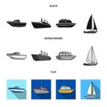Protection boat, lifeboat, cargo steamer, sports yacht.Ships and water transport set collection icons in black, flat Royalty Free Stock Photo
