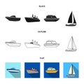 Protection boat, lifeboat, cargo steamer, sports yacht.Ships and water transport set collection icons in black,flat Royalty Free Stock Photo