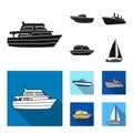 Protection boat, lifeboat, cargo steamer, sports yacht.Ships and water transport set collection icons in black, flat Royalty Free Stock Photo