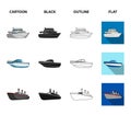 Protection boat, lifeboat, cargo steamer, sports yacht.Ships and water transport set collection icons in cartoon,black Royalty Free Stock Photo