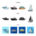 Protection boat, lifeboat, cargo steamer, sports yacht.Ships and water transport set collection icons in cartoon,black Royalty Free Stock Photo